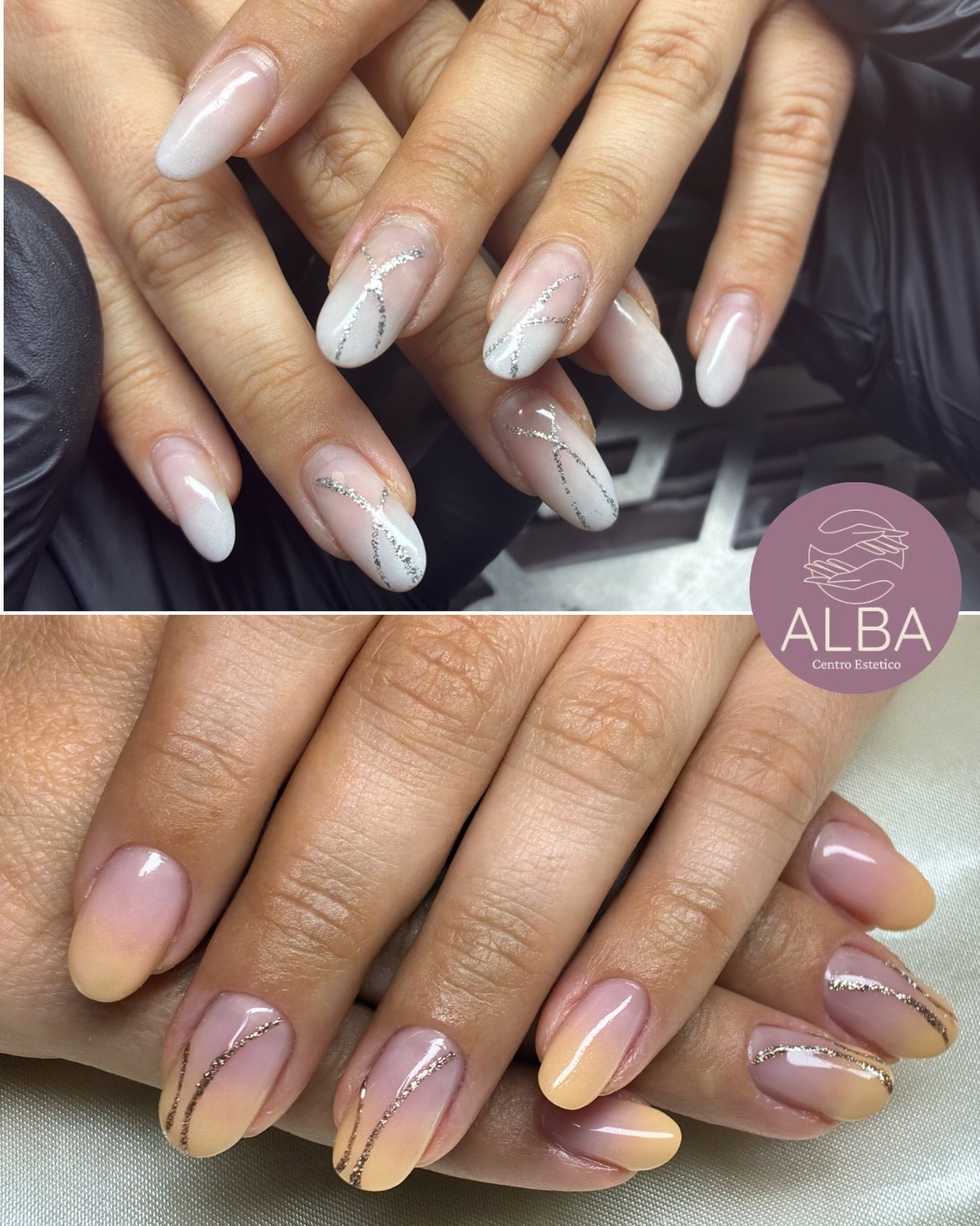 Due manicure sfumate con dettagli argentati